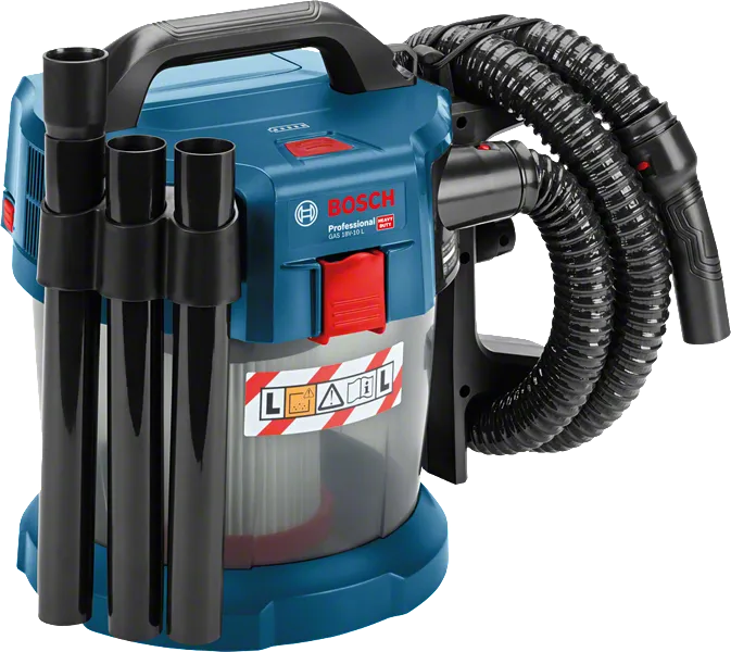 호스가 달린 Bosch GAS 18V-10 L 무선 집진기.