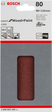 C430 샌딩 시트, 10개들이 팩 Bosch C430 샌딩 시트 80그릿 80×133mm 팩.