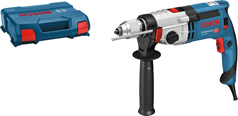 측면 핸들과 케이스가 있는 Bosch GSB 24-2 임팩트 드릴.