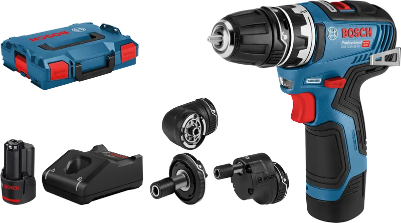 부착물이 포함된 Bosch GSR 10.8V-35 FC 무선 드릴 세트.