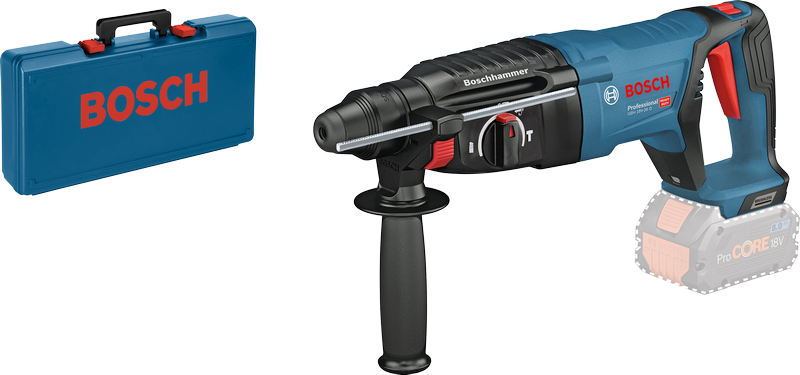케이스가 있는 Bosch GBH 18V-26 D 무선 회전 해머.