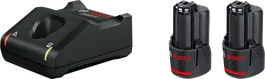 GBA 10.8V 2.0Ah 2개 + GAL 12V-40 충전기와 배터리 2개가 포함된 Bosch 12V 스타터 세트입니다.