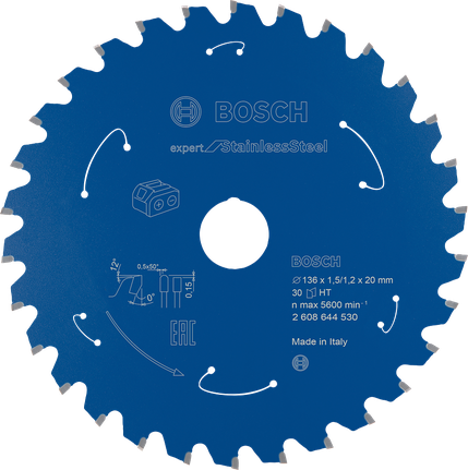Expert for Stainless Steel 무선 톱용 원형 톱날 136x1.5/1.2x20 T30 스테인리스 스틸 원형 톱날용 Bosch Expert, 30개 이빨.