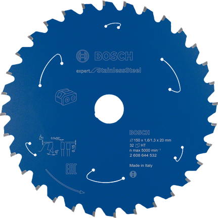 Expert for Stainless Steel 무선 톱용 원형 톱날 150x1.6/1.3x20 T32 스테인리스 스틸 원형 톱날 32개용 Bosch Expert.
