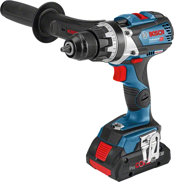 측면 핸들이 달린 Bosch GSR 18V-110 C 무선 드릴.