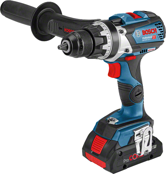 측면 핸들이 달린 Bosch GSR 18V-110 C 무선 드릴.