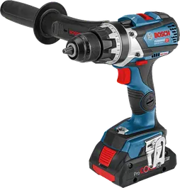 측면 핸들이 달린 Bosch GSR 18V-110 C 무선 드릴.