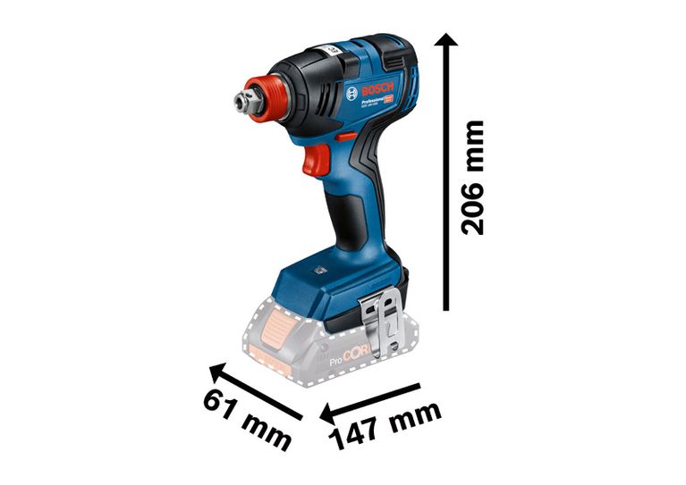 치수가 표시된 Bosch GDX 18V-200 임팩트 드라이버입니다.