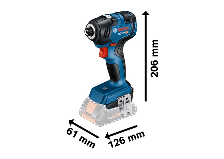치수가 표시된 Bosch GDR 18V-200 임팩트 드라이버입니다.