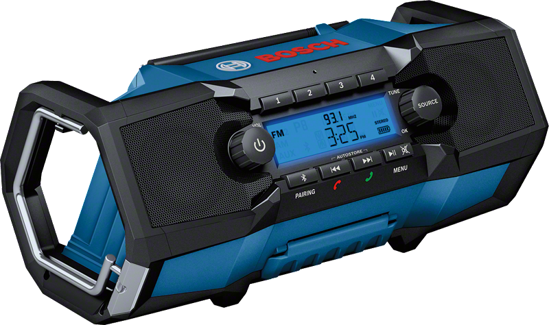 디지털 디스플레이가 장착된 Bosch GPB 18V-2 C 작업 현장용 라디오.