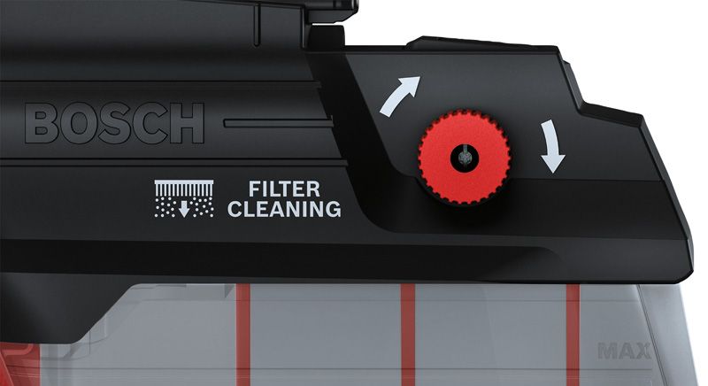 필터 청소 손잡이가 달린 Bosch GDE 28 D 집진기.