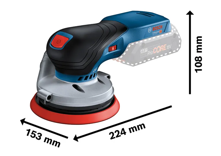 Bosch GEX 18V-125 무선 랜덤 오빗 샌더의 치수가 표시되어 있습니다.
