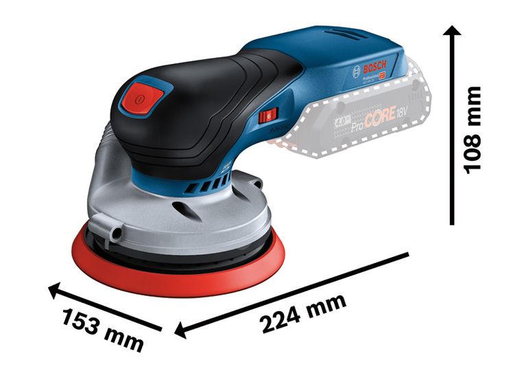 Bosch GEX 18V-125 무선 랜덤 오빗 샌더의 치수가 표시되어 있습니다.