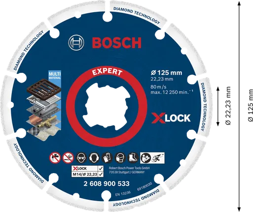 EXPERT Diamond Metal Wheel X-LOCK 컷팅 디스크 125 x 22.23mm 다양한 소재에 적합한 Bosch Expert X-LOCK 다이아몬드 절단 디스크.
