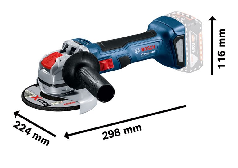 X-LOCK이 장착된 Bosch GWX 18V-7 각도 그라인더, 길이 298mm.