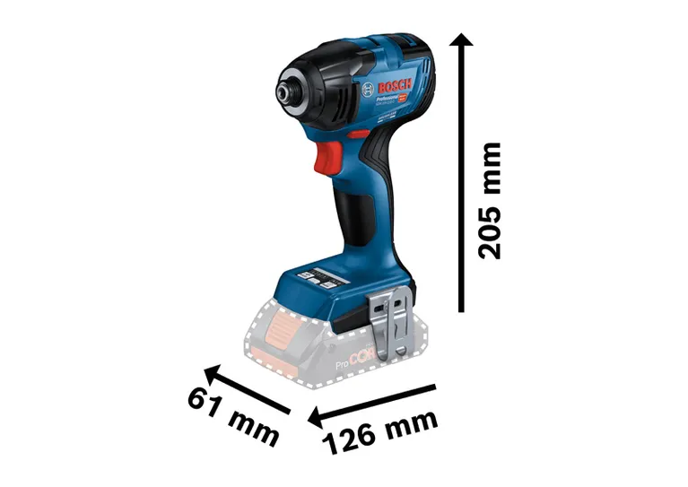 Bosch GDR 18V-210 C 무선 충격 드라이버의 치수가 표시되어 있습니다.