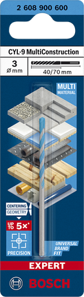 EXPERT CYL-9 MultiConstruction 드릴 비트 3 x 40 x 70mm Bosch EXPERT CYL-9 멀티컨스트럭션 드릴 비트 3×40×70mm.