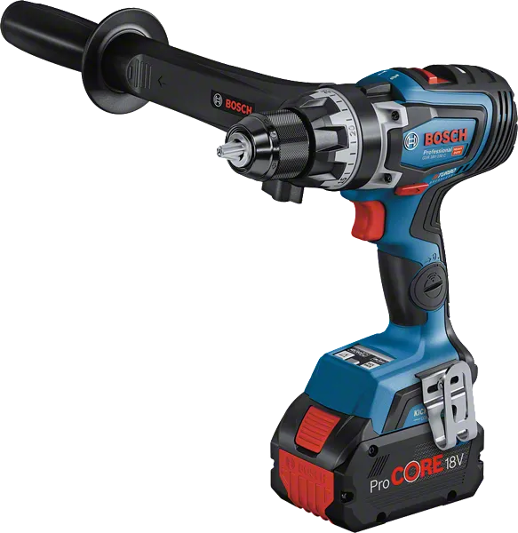 측면 핸들이 달린 Bosch GSR 18V-150 C 무선 드릴.