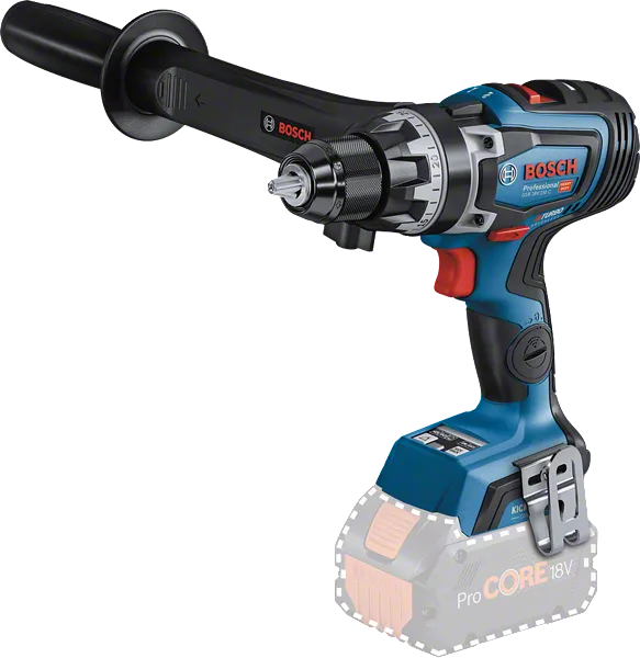 측면 핸들이 달린 Bosch GSR 18V-150 C 무선 드릴.