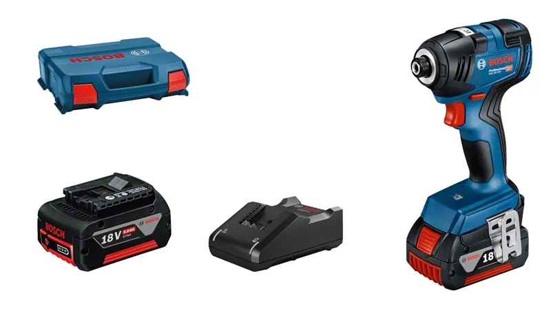 배터리, 충전기, 케이스가 포함된 Bosch GDR 18V-200 임팩트 드라이버.