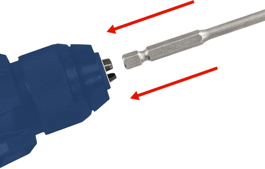 드릴 비트가 척에 삽입되고 있으며 빨간색 화살표가 움직임을 나타냅니다.