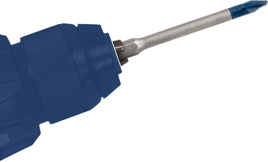 파란색 팁 드라이버 비트가 장착된 무선 전동 드릴입니다.