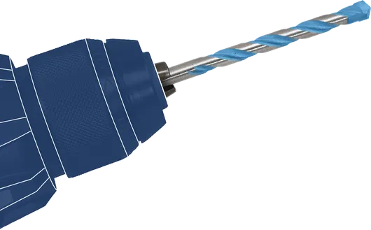 드릴 척은 파란색 팁이 달린 나선형 드릴 비트를 고정합니다.