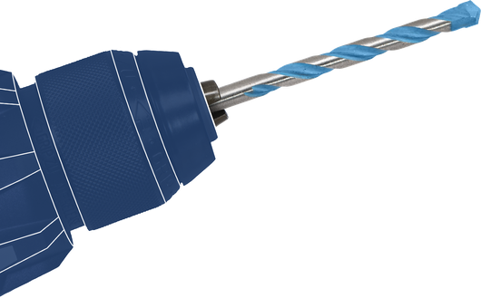 드릴 척은 파란색 팁이 달린 나선형 드릴 비트를 고정합니다.