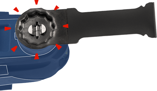 파란색 전동 공구에 측면 핸들 부착물이 고정되어 있습니다.