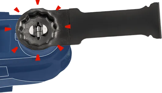 파란색 전동 공구에 측면 핸들 부착물이 고정되어 있습니다.