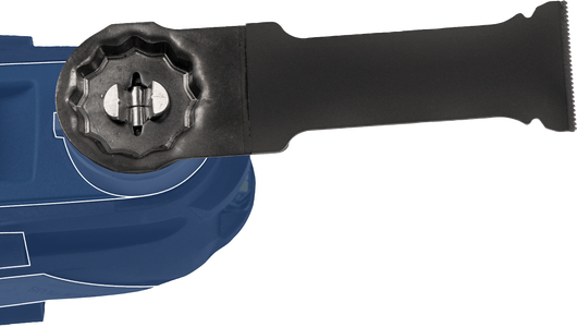 파란색 전동 공구 하우징에 부착된 검은색 보조 핸들입니다.