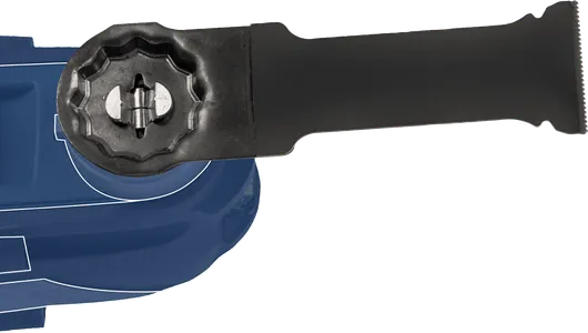 파란색 전동 공구 하우징에 부착된 검은색 보조 핸들입니다.