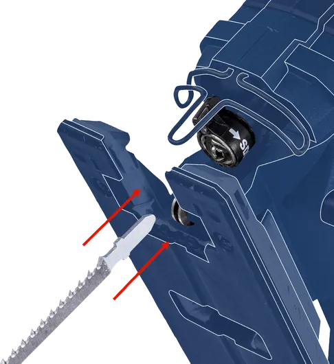 조립 가이드가 그려진 도구에 톱날을 삽입하는 모습입니다.