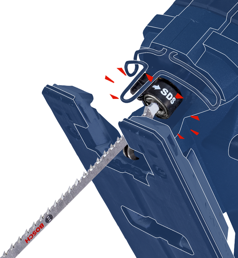 세이버 톱날이 퀵 릴리스 메커니즘에 삽입되는 모습입니다.