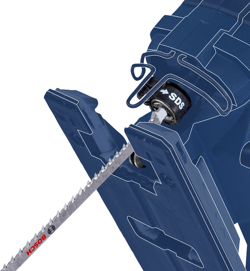 SDS 퀵 체인지 시스템을 이용한 블레이드 설치를 보여주는 퍼즐 도구의 클로즈업.