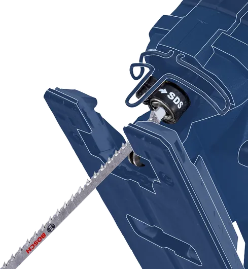 SDS 퀵 체인지 시스템을 이용한 블레이드 설치를 보여주는 퍼즐 도구의 클로즈업.