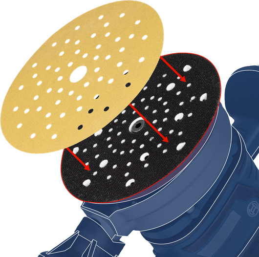 샌딩 디스크를 정렬하고 전동 샌더에 부착합니다.