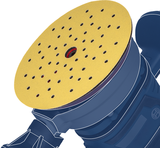 천공된 샌딩 디스크가 부착된 전기 오비탈 샌더입니다.