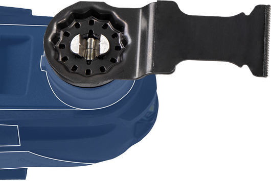 절단날 부착물이 있는 진동식 멀티툴입니다.