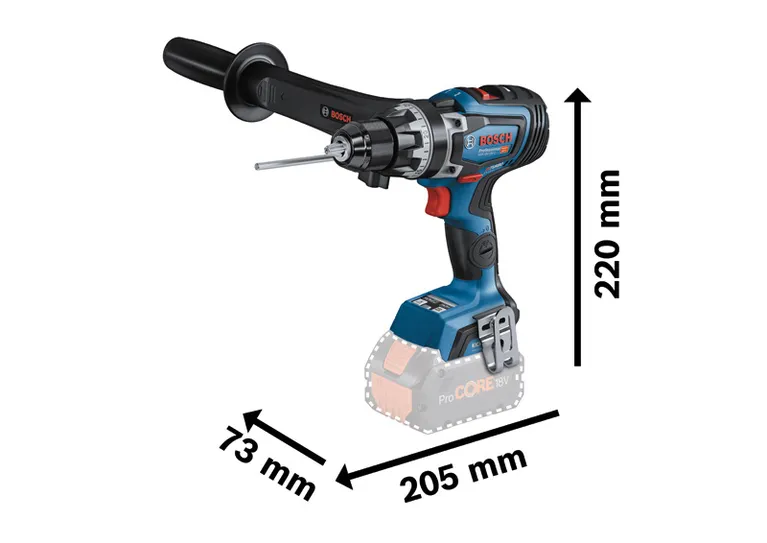 측면 핸들이 달린 Bosch GSR 18V-150 C 무선 드릴.