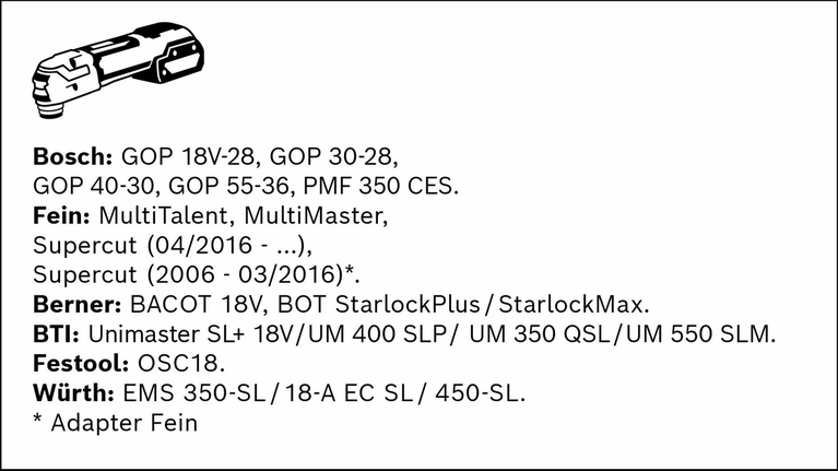 EXPERT MetalMax PAIZ 32 AIT 멀티툴 블레이드 50 x 32mm 여러 전동 공구 브랜드에 대한 호환성 목록 위에 있는 진동형 멀티 툴 그림입니다.