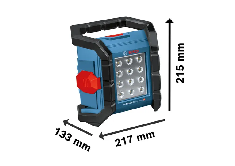 치수가 표시된 Bosch GLI 18V-1200 C 작업등입니다.