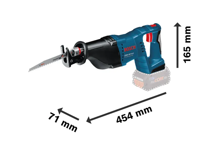 치수가 표시된 Bosch GSA 18V-LI 왕복톱입니다.
