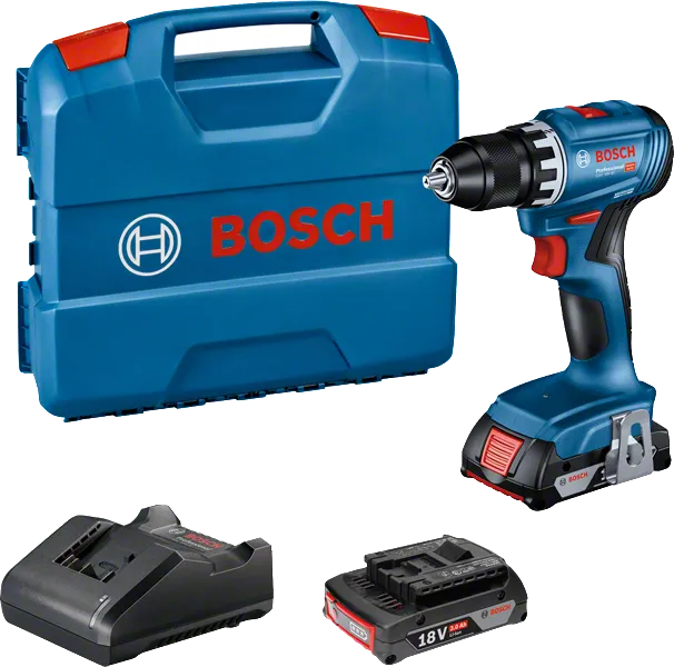 배터리와 케이스가 포함된 Bosch GSR 18V-45 무선 드릴 세트.