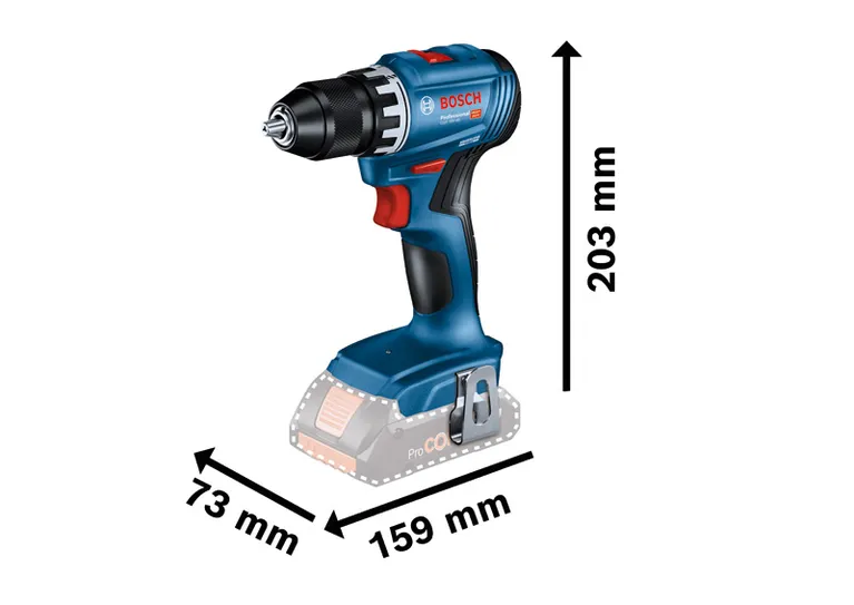 Bosch GSR 18V-45 무선 드릴, 높이 203mm.