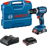 배터리와 충전기가 포함된 Bosch GSB 18V-45 무선 드릴 키트.