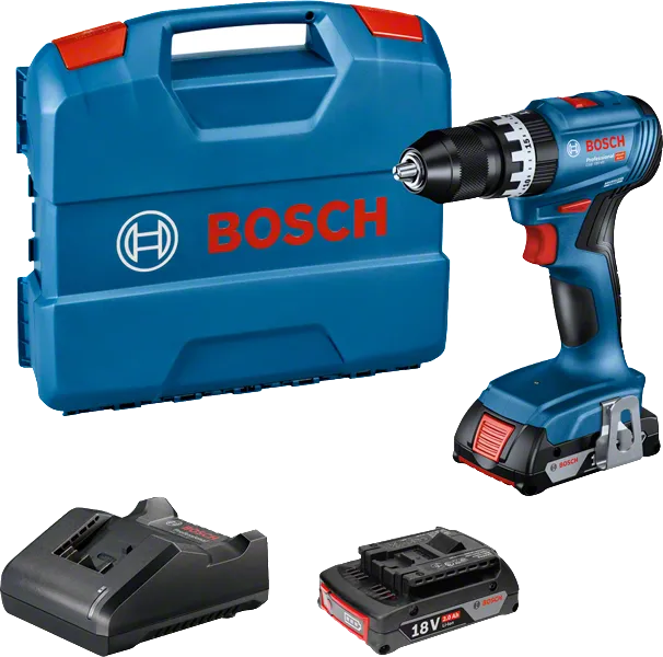 배터리와 충전기가 포함된 Bosch GSB 18V-45 무선 드릴 키트.