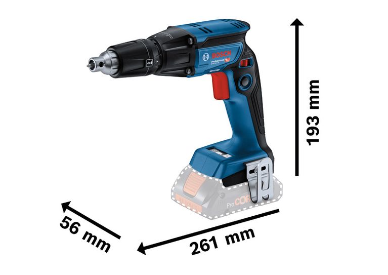 치수가 표시된 Bosch GTB 18V-45 무선 건식벽체 스크루드라이버.