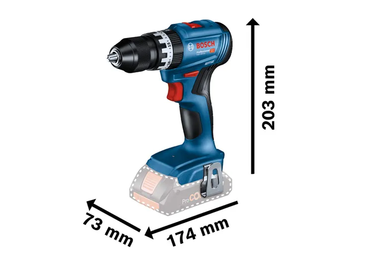 Bosch GSB 18V-45 무선 드릴의 치수를 보여줍니다.
