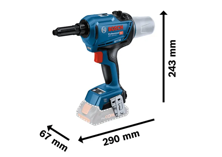 치수가 표시된 Bosch GRG 18V-16 C 무선 리벳 공구입니다.